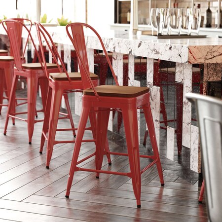 Flash Furniture 24" Red Metal Counter Stool-Teak Poly Seat CH-31320-24GB-RED-PL2T-GG